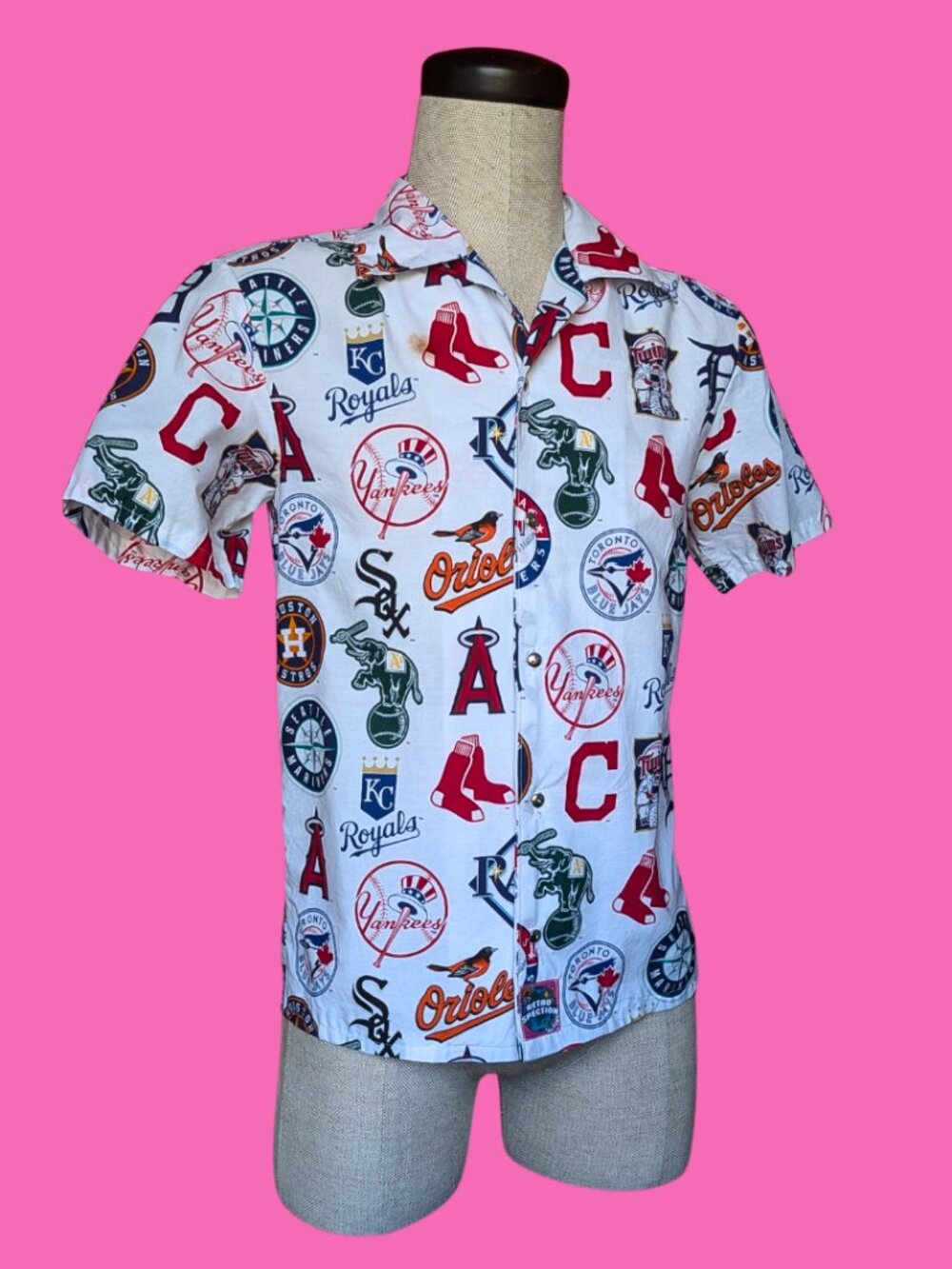 Handmade, Upcycled Baseball Teams Bedsheet Button Down Shirt Size XS